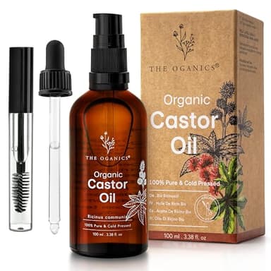 THE OGANICS® Huile de Ricin Bio 100ml - 100% Pure, Naturelle et Pressée à Froid - Cils, Sourcils, Corps, Cheveux, Barbe, Ongles - Vegan, Cruelty Free - Castor Oil - Bouteille en Verre +Pipette + Pompe