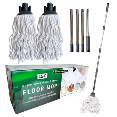 LSC Vadrouille en Coton - Vadrouille avec Manche en Acier Inoxydable de 120 cm, tête de vadrouille Extra remplaçable, vadrouille absorbante et Anti-Rayures pour carrelage et parquet