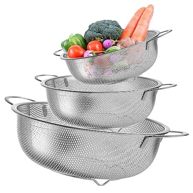 3Pcs Passoire de Cuisine, Passoires en Acier Inox Microperforée avec Poignées, pour égoutter et filtrer les pâtes, riz, fruits, légumes, passe au lave-vaisselle, 16/22/28 cm