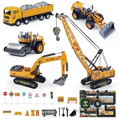 Jouets de Chantier Moulés Sous Pression Pour Enfants Avec Grue à Tapis, Pelleteuse, Chargement de Roue, Rouleau de Route, Chariot élévateur et Sifflet à Neige Pour Garçons