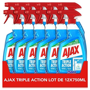 Ajax - Spray Produit Nettoyant Vitres Ajax Triple Action - Pour des Vitres 100 % Sans Traces et 100% transparentes - Nettoie en profondeur - Formule 3 En 1 - 750mlx12