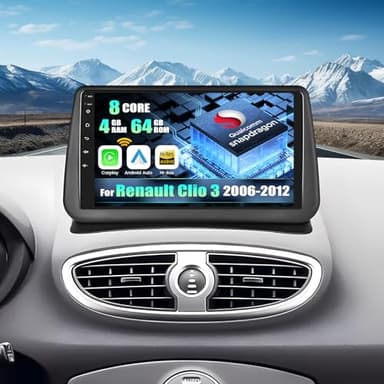 CAMECHO [Qualcomm 8-Core] Android 15 Autoradio pour Renault Clio 3 2006-2012, 4+64G Navi Wireless Carplay DSP, 9" Radio WiFi Sans Fil Android Auto FM/RDS Bluetooth 5.1 Mirror Link +Mic+Caméra de recul