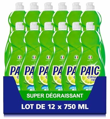 PAIC - Liquide Vaisselle Paic Citron Vert Super Dégraissant - Nettoie - Dégraisse - Elimine les mauvaises odeurs - Lot de 12 x 750 ml