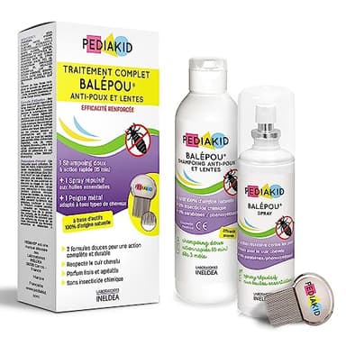PEDIAKID - Traitement complet Balépou® anti-poux et lentes - 1 Shampoing Anti-Poux et Lentes 200 ml + 1 Spray Répulsif 100 ml + 1 peigne