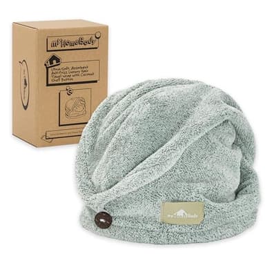 myHomeBody Serviette Wrap, Turban de Luxe Anti-frisottis à séchage Rapide, Ultra Doux et Absorbant en Fibre de Bambou à séchage Rapide, avec Bouton en Coquille de Noix de Coco – Pine Green
