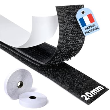 Scratch Autocollant Double Face-8Mx20mm-Adhésif Puissant-2 Rouleaux (8M Crochet + 8M Boucle)-Ruban Autocollant tissu-Double Face-Idéal pour moustiquaires, tapis et cadres