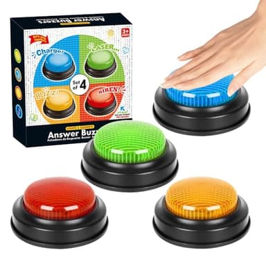 Hojalis Buzzer Blind Test, 4 Pack Buzzer pour Jeux De Questions, Buzzer avec Son Et Lumière, Buzzer Sonore Et Lumineux, Jeu Show Buzzer Jouet pour Activités en Classe, Jeux en Famille, Compétition