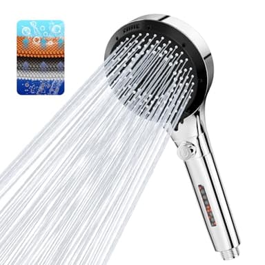 Vinabo Pommeau de Douche Haute Pression, Pommeau Douche Anti Calcaire Avec 6 Types De Jets, Pommeau De Douche Economie Deau Avec Bouton D'ArrêT D'Eau - Argent