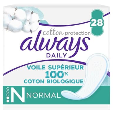 Always Dailies Cotton Protection Protège-Slips Normal 28 Protège-slips, Voile Supérieur 100 % Coton Bio