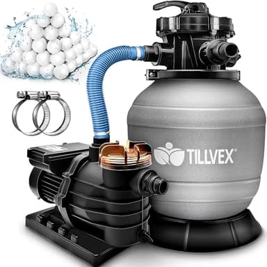 tillvex Système de Filtre à Sable 10 m³/h + 800g Boules de filtre – 7 Fonctions de Filtration | Filtre de Piscine avec indicateur de pression | Filtre à sable pour les bassins aquatiques & piscines