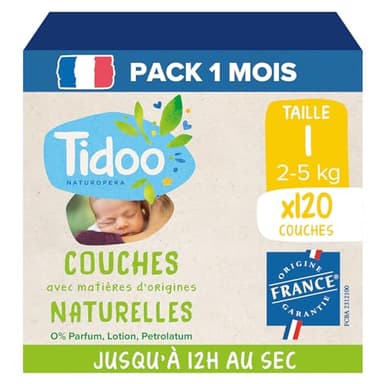 TIDOO - Couches écologique Taille 1 (2-5kg) - Origine Naturelle, sans substances nocives - 12h au sec, ultra absorbantes - Fabriquées en France - 120 Couches Jetables - Pack 1 Mois