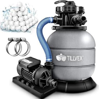 tillvex® Système de Filtre à Sable 7.900L/h + 400g Boules de Filtre | 7 Fonctions de Filtration & Adaptateur 2en1 Ø32-38mm | Filtre de piscine avec indicateur de pression (Gris)
