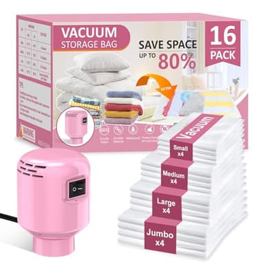 AMZBOSS Sac de Rangement Sous Vide lot de 16 (4XL 4L 4M 4S), pompe à vide électrique portable, réutilisable, adaptée au rangement des literies, des vêtements épais chauds et des vêtements de voyage.