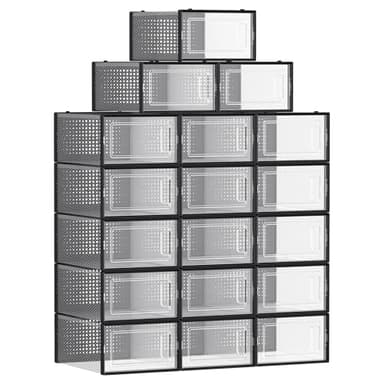 SONGMICS Boîtes à Chaussures, Lot de 18, Rangement Chaussures, Pliable, pour Pointure jusqu’à 44, Transparent et Noir LSP18SBKV1