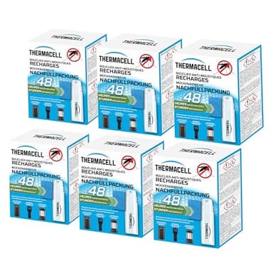 THERMACELL 6 Recharges Anti Moustiques et Moustiques Tigres - Protection Efficace 20m²- Compatible avec Diffuseurs, Nomades et Lanternes - Durée 48h - 24 Cartouches Gaz + 72 plaquettes