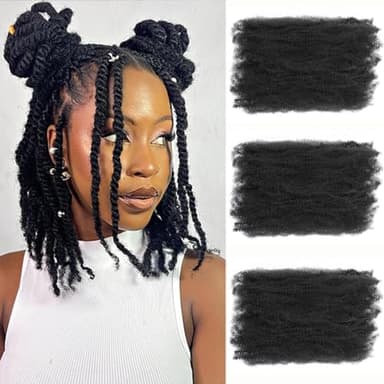 Afro Kinky Curl Braiding Bulk Hair Lot de 3 Extensions de Cheveux Bouclés Marley Twist en Vrac pour Dreadlock Spring Afro Hair pour Mini Repair Locs (1B#, 40,6 cm)