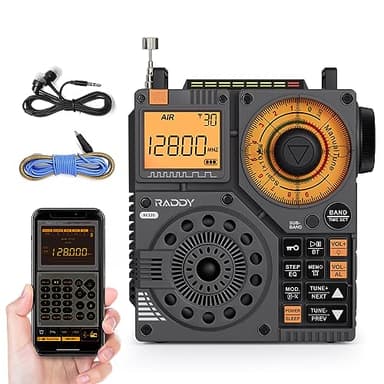 Raddy Radio à Ondes Courtes RF320 avec contrôle par Application, FM/AM/VHF/SW/AIR Prend en Charge la Carte BT/TF, Radio Portable Rechargeable avec antenne câble de 3 m, écouteurs, Lampe de Poche, SOS