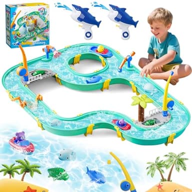 HERMORRYSS 2 en 1 Table Eau Sable Enfant, Table à Eau pour l'extérieur avec 2 Pistolets à Eau, Jouet de Jeu Sable et Eau avec 2 Bateaux, 2 Cannes à Pêche e Accessoires pour Garçons Filles 3+ Ans