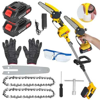 yoakaiax Scie à perche sans fil 2 en 1 et mini tronçonneuse électrique 21 V pour l'élagage des arbres, scie à perche à portée de 1,8 m pour l'élagage des arbres, mini tronçonneuse portable légère avec