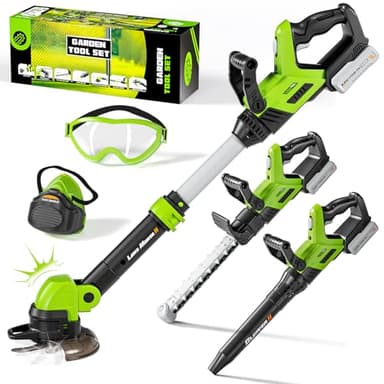 Kit Outils Jardin 3 En 1 Enfant - Tondeuse, Souffleur, Tronçonneuse - Sons Réalistes & Lumières - Gilet Inclus - Dès 3 Ans