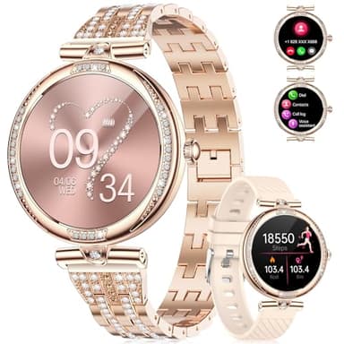LIGE Montre connectée Femme Appels Bluetooth pour Android iOS 1,19" AMOLED Or rose Acier inoxydable Diamant Smartwatch Petite,Fréquence cardiaque,Moniteur de sommeil,Podomètre,Calories,100+ Mode Sport