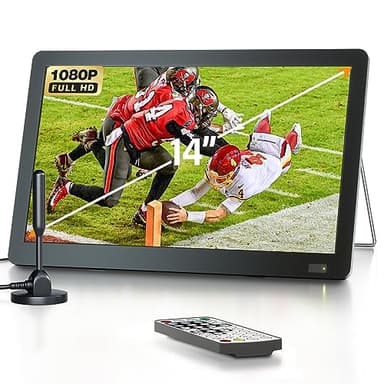 Desobry TV Portable 14 Pouces avec antenne, Petit téléviseur Portable avec Tuner ATSC, Mini téléviseur LCD Rechargeable à Piles 1080P, Support TV intégré, entrée HDMI, USB, entrée AV