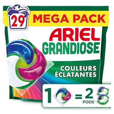 Ariel Pods Grandiose Couleurs Eclatantes, Lessive en Capsules, 29 Lavages, Idéal Pour Les Lessives Mixtes, Dissolution Rapide Même à Froid, Fabriqué en France