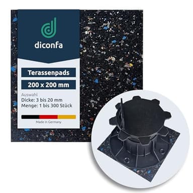 diconfa 1x Pads de terrasse 200x200mm, 20mm - ÉPAISSEUR 3mm à 20mm - QUANTITÉ 1 à 300 pièces - Dalle en Caoutchouc Construction de terrasses imperméable - terrasses en Bois + Support de Dalle