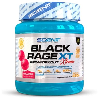 Pre Workout - Black Rage Xtreme - Pré entraînement avec L Arginine, Beta Alanine, L Citrulline, Creatine Monohydrate, Caféine - Preworkout muscu (450 g) (Saveur Sucette)