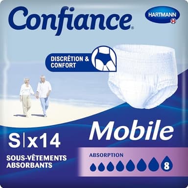 Confiance Mobile - Slips Absorbants pour Hommes et Femmes - Niveau d'Absorption- 8 gouttes (Fuites Urinaires Moyennes) - Discrets et efficaces - pH Neutre à la Peau - Taille S - 14 Unités
