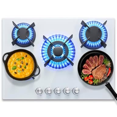 SNDOAS Plaque de Cuisson gaz 5 Feux, Plaque Gaz 5 Feux, 70cm avec Sécurité Thermocouple, Convient Pour le Gaz Naturel/Propane, Verre Blanc, 10400 W, 220-240 V
