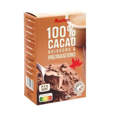 AUCHAN Chocolat en poudre 100% pur cacao non sucré 250g