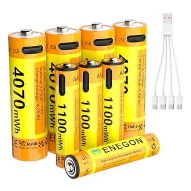 ENEGON Lot de 4 piles lithium-ion rechargeables AA et AAA 1,5 V 4 x AA 4070 mWh + 4 x AAA 1100 mWh, charge directe par USB, jusqu'à 1500 cycles de charge, batteries haute performance pour