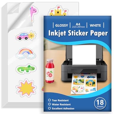 Euqvunn 18 Sheets Feuille Autocollante Imprimante A4, Blanc Brillant Imperméable Vinyle Imprimable Papier Autocollant, Feuille Complète Autocollante pour Jet d’Encre, Séchage Rapide, 210x297mm