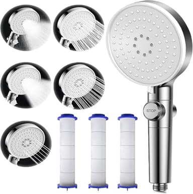 Pommeau de Douche Multifonction à Haute Pression - 5 Modes de Jet Réglables, Bouton Arrêt, 3 Filtres - Économie d'Eau, Idéal Pour Se Laver Les Cheveux