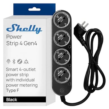 Shelly Europe Power Strip 4 Gen4 Noir - Multiprise connectée Zigbee et Matter 150 cm, Type F, 4 prises 3680 W, Protection parafoudre et surtension, Commande vocale Apple Homekit, Alexa, Google Home