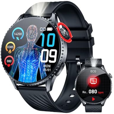 Montre Connectée Homme Smartwatch ECG: 1.56" AMOLED Écran Ronde Montre Hommes avec Appel Bluetooth Lampe de Poche LED Fitness Tracker 50+ Modes Sportifs Moniteur de HRV Smart Watch pour Android et iOS