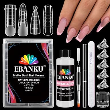 EBANKU 96PCS Poppit Ongle Kit, Réutilisable Mat Stiletto Amande Capsule Americaine Ongle Gel Faux Ongles Couverture Complète, PMMA Gel Pose Manucure avec 75ml Slip Solution Clips Polygel Brosse