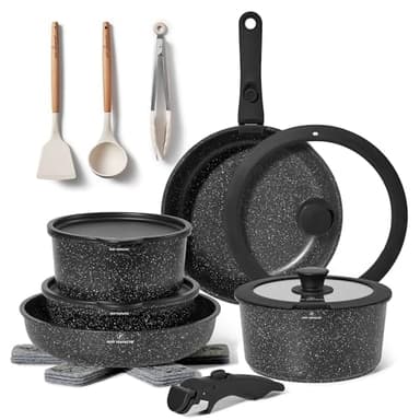 Batterie de Cuisine Antiadhésive 18 Pièces – Lot de Poêles et Casseroles avec Manche Amovible – Compatible Tous Feux Dont Induction – Revêtement Antiadhésif Sans PFOA (noir)