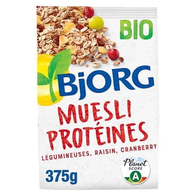 BJORG - Muesli Protéines Bio - Légumineuses, Raisin, Cranberry - Réduit En Sucres - Riches En Fibres - 375g (L'emballage peut varier)
