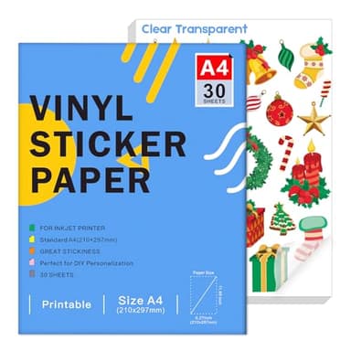 Papier autocollant en vinyle transparent imprimable pour imprimante à jet d'encre - Format A4 (297 x 210 mm), imperméable et auto-adhésif compatible avec Cricut, couleurs vives (30 feuilles)