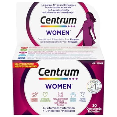 CENTRUM Women - Multivitamines et Minéraux pour Femme - 23 nutriments Vitamine D, C, B12, B7, Fer & Zinc - Complément Alimentaire Fatigue, Immunité & Peau, Cheveux, Ongles - 30 Comprimés - 1 Mois
