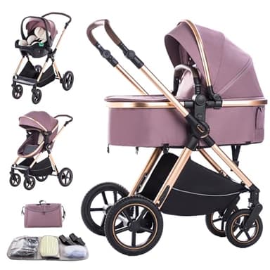 Shineey Poussette Combinée 3 en 1,Poussettes Citadines Avec Siège,Poussette 3 en 1 avec Poignée Réglable en Hauteur,poussette trio Paysage Haut Cadre en Aluminium (D2 Purple, H2-D)