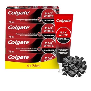 COLGATE - Dentifrice Blanchissant MAX WHITE | Dentifrice au Charbon Actif | Dentifrice Blanchissant | 99 % d'ingrédients d'origine naturelle | Dentifrice COLGATE Lot de 4 x 75ml