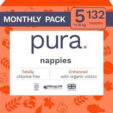 Pura Couches Écologiques Taille 5 (11-16kg) - Pack Mensuel de 132 Ultra Douces pour Peau Sensible - Coton Bio, 12 Heures de Protection