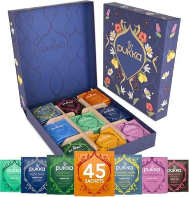 Pukka coffret Sélection, Idée Cadeau Femme et Homme, Coffret Cadeau Tisanes, Coffret Cadeau Thé 100% Bio Saint Valentin, Anniversaire, 9 Saveurs, Matcha, Gingembre, Fenouil, Camomille etc,45 Sachets