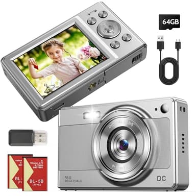 Appareil Photo Numérique Compact, 56MP HD 1080P Compact Caméra pour Étudiant, Adulte, Débutant Cadeau, avec Carte 32GB, 2,8 Pouces, 2 Batteries