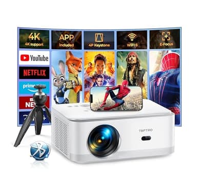 Vidéoprojecteur【App Intégrée&Auto Keystone】26000 Lumens Focus Électrique WiFi 6 Bluetooth Video Projecteur 4K Supporté, TOPTRO 1080P Full HD Rétroprojecteur Portable, 50% Zoom avec Trépied Home Cinéma