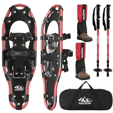 Kit de Raquettes à Neige 4 en 1 pour Hommes, Femmes et Jeunes, Raquettes Légères en Aluminium avec Bâtons de Randonnée Réglables, Guêtres Imperméables et Sac de Transport (Rouge, 63cm)