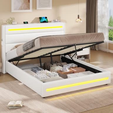 KIMENICH Lit Coffre 160x200 à LED, Lits Hydraulique avec Multiprise, Lit Double 160x200 avec Étagère Ouverte et Poches Latérales, Cadre de Lits avec Sommier à Lattes en Bois, Capitonné en PU Blanc